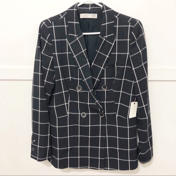 🆕 Dex Double Breasted Windowpane Blazer Medium Navy Mono Grid - Picture 3 of 8